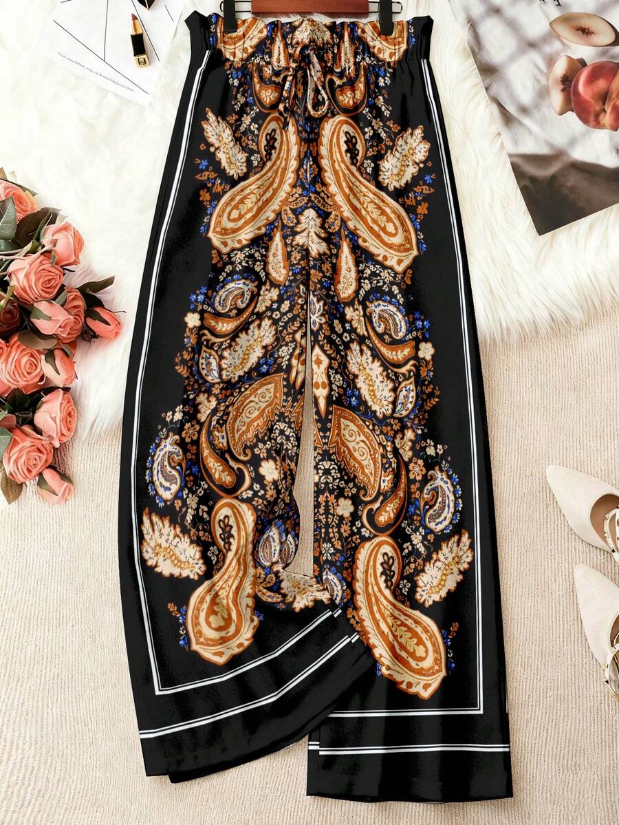 EMERY ROSE Plus Size Women's Black Summer Boho Wide Leg Pants,Cashew Print Waist Belt Design,Perfect For Vacation,Holiday,Beach,Spring & Autumn Daily Wear - Multicolor - View 1
