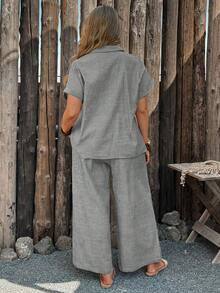 Linhara CURVE Ensemble 2 pièces grande taille, chemise en coton élégante et décontractée avec poches pour le travail/printemps/été/automne et pantalon droit en coton - Noir - Voir 2