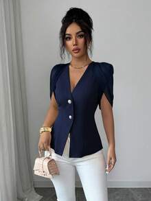 SHEIN Elenzya 女士优雅浪漫修身西装外套，V领设计，褶裥收腰 - 藏蓝色 - 查看 7