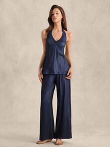 Women's British Style Blue Striped Halter A-Line Top And Straight Loose Pants Pajama Set - Navy Blue - View 1