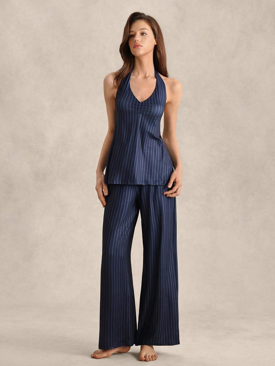 Women's British Style Blue Striped Halter A-Line Top And Straight Loose Pants Pajama Set - Navy Blue - View 1