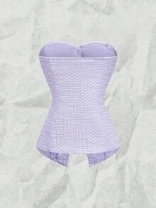 Olithes 女士夏季粉色纹理抹胸紧身露脐上衣，饰有珍珠纽扣 - 紫色 - 查看 2