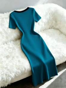 Franclia V-Neck Contrast Trim Vertical Striped Button-Up Dress, Slightly Slit Hem Flowing Style, Suitable For Commuting And Dating - Blue Power - View 2