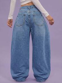 COUREZ 低腰宽松牛仔裤，浅蓝色水洗，街头休闲，Y2K风格，休闲音乐节风格，棉质牛仔布，复古棉质 - 淺藍色 - 查看 2