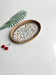 Handmade Natural Woven Rattan Seashell Shaped Tray Boho Decorative Jewelry Tea Storage Organizer Multipurpose Shell Tray For Bedroom Living Room Vanity - Yellow - View 8