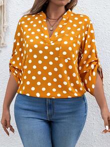 SHEIN Áo kiểu dáng cỡ lớn, cổ chữ V, tay dài, chấm bi, phong cách retro. - Màu vàng - Xem 5