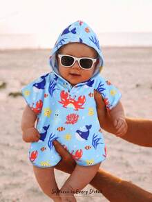 Cozy Pixies Traje de baño con capucha con estampado de criaturas marinas lindo para bebé recién nacido, estilo de playa/vacaciones - Azul - Ver 8
