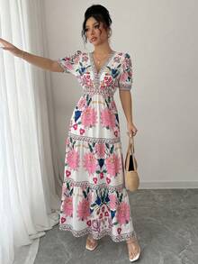 SHEIN Elenzya Đầm tay cánh hoa in họa tiết hoa dành cho nữ, kiểu dáng thanh lịch cho kỳ nghỉ. - Nhiều màu - Xem 4