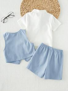 Cozy Pixies Bộ vest lịch lãm 3 món cho bé trai/bé gái: Áo sơ mi trắng tay ngắn, áo vest xanh lá cây và quần short/quần dài. Trang phục thanh lịch cho mùa xuân/hè, phù hợp cho tiệc sinh nhật, lễ rửa tội, sinh nhật lần thứ nhất, lễ kỷ niệm, đám cưới, v.v. - Màu xanh nhạt - Xem 2