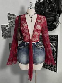 SHEIN ICON Blusa de manga de campana con encaje para mujer de talla grande - Morado - Ver 7