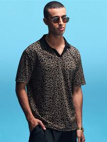 NobleFwd Men's Leopard Print Contrast V-Neck Polo Shirt, Suitable For Outings And Parties Men's Vaca Shirts Men's Party Shirt Cheetah Print Men Shirt Men Leopard Shirt Streetwear Men Shirt Old Money,Daily Leisure, Weekend Trips, Outdoor Activities, Travel Expeditions, Relaxed Work Environments Or Semi-Formal Occasions, Boyfriend/Husband Gift, Anniversary /Birthday Gift Party Christmas New Years - Khaki - View 4