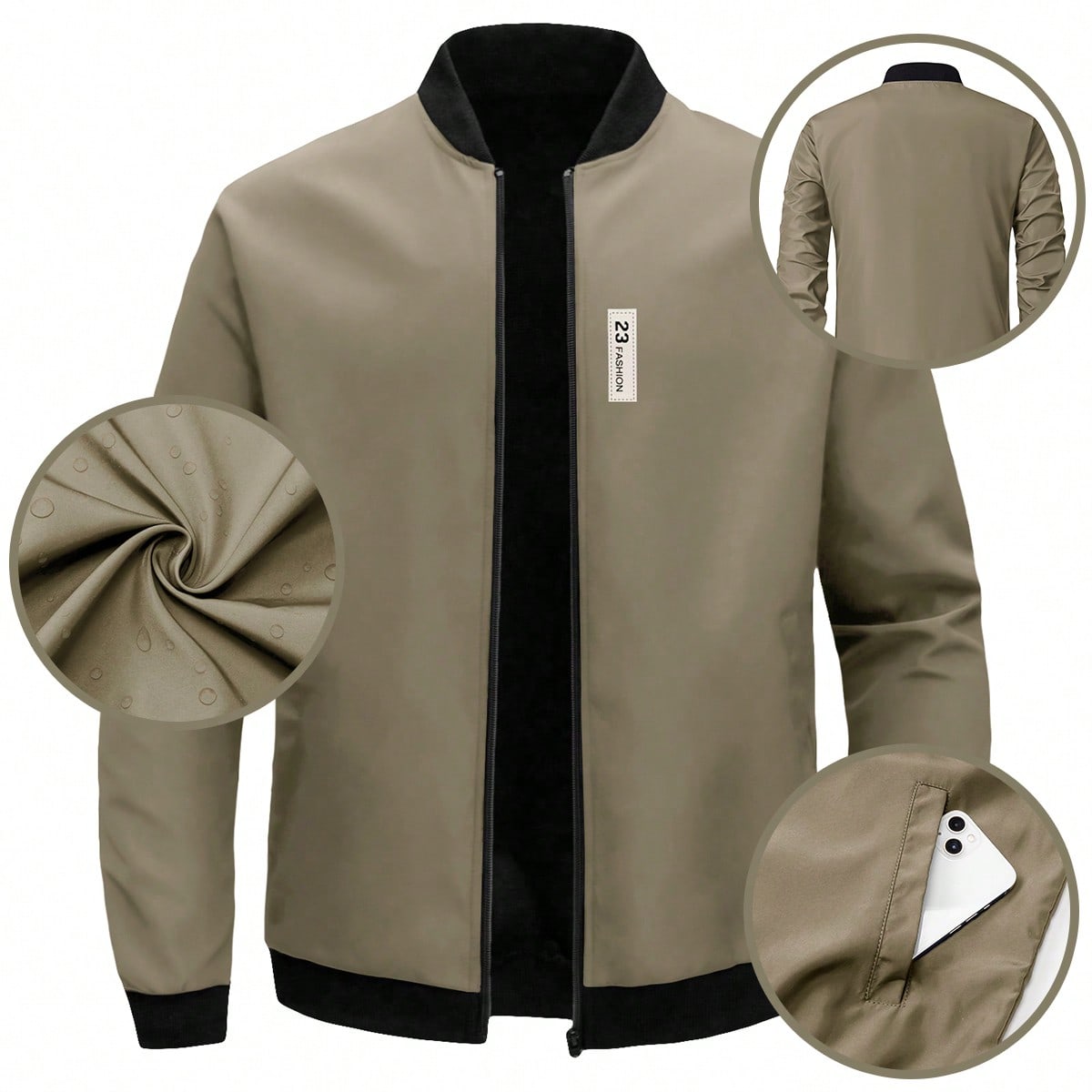 Chaqueta casual de manga larga con cremallera, cuello de béisbol y aplicaciones para hombre