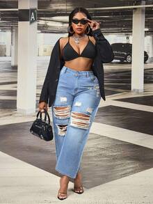 Slaydiva Plus Size Women Spring Blue Inelastic Distressed Straight Leg Jeans, Cowgirl - Light Wash - View 6