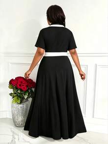 Villa Velisse Plus Size Women's Black And White Contrast Color Knit Collared Short Sleeve Waist Cinched A-Line Loose Casual Elegant Formal Summer Dress For Work - Black and White - View 2