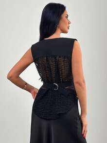 SHEIN Women, Autumn, Spring, Regular Length, Sleeveless, Blazer, Lace, Romantic, Elegant, - Black - View 2