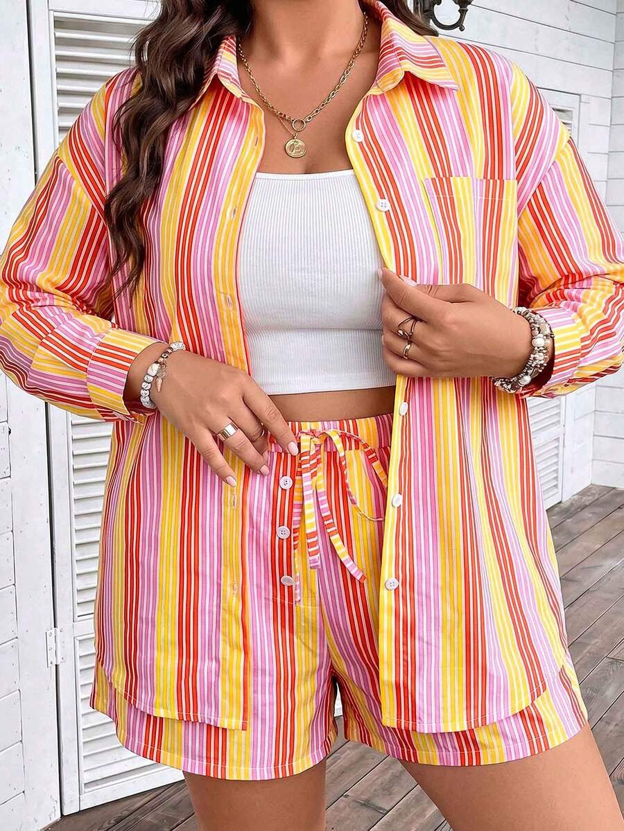 Breezaya 2pcs/Set Plus Size Women Colorful Striped Button-Up Shirt And Drawstring Waist Casual Shorts - Multicolor - View 1