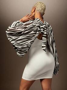 Vixey Blusa de capas con mangas globo, bajo dividido y estampado de cebra en gasa tejida - Multicolor - Ver 4