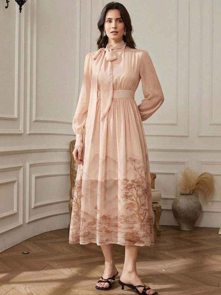 Women's Floral Print Twist Neck Long Sleeve Elegant Dress Maxi Dress Sundress