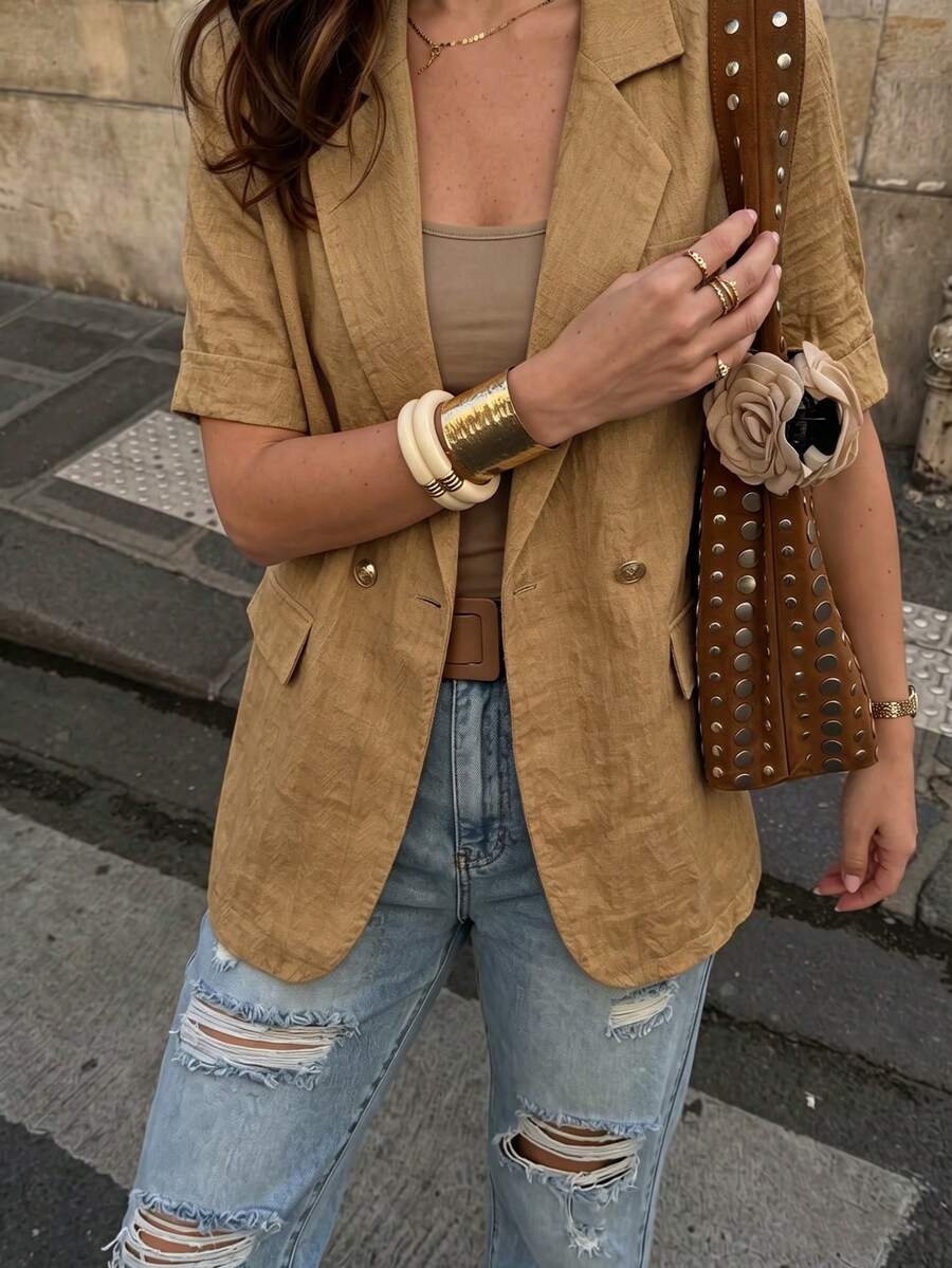 Pariaura Áo blazer nữ tay ngắn màu nâu, hàng mới về năm 2026, chất liệu cotton pha lanh, cúc kim loại, túi giả, thích hợp mặc đi làm, đi nghỉ mát. - màu nâu - Xem 1
