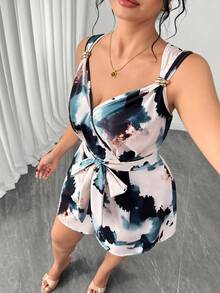 SHEIN Clasi Plus Size Women's Brown Elegant Summer Jumpsuit, Ink Wash Print Metal Buckle Decor Adjustable Strap Waist Casual Holiday Shorts - Blue - View 6