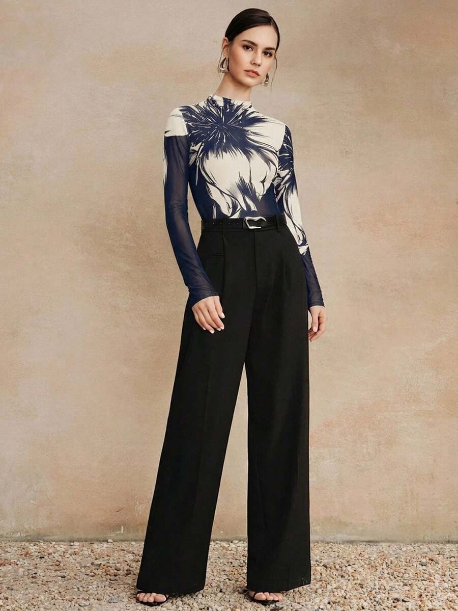Anewsta 优雅高领修身黑色长袖T恤,复古花卉印花网眼打底衫(女士款) - 藏蓝色 - 查看 1