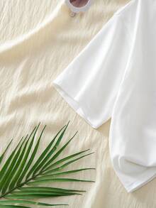 SHEIN 2件套女童纯色字母印花圆领宽松休闲T恤和条纹短裤套装 - 藍色 - 查看 8