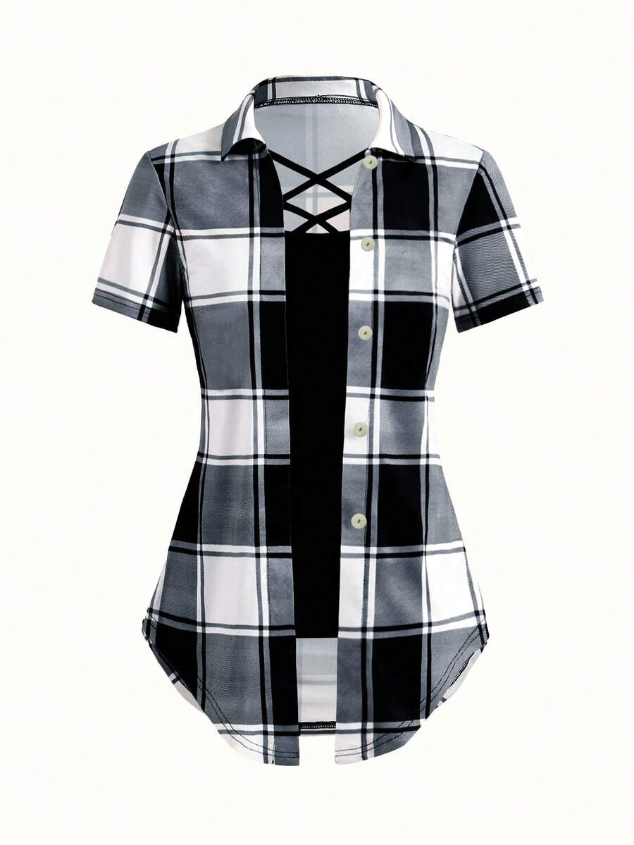 EMERY ROSE Áo thun tay ngắn 2 trong 1 cổ bẻ kẻ sọc caro in họa tiết cho nữ - Đen và trắng - Xem 1