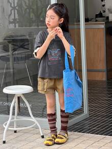 DAZY Áo thun cổ tròn in họa tiết, tay áo xếp ly, dáng rộng dành cho bé gái tuổi teen. - Màu xám đen - Xem 8