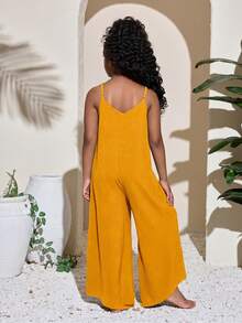 SHEIN Tween Girls' V-Neck Strap Patchwork Wide Leg Flare Jumpsuit, Vacation Wear Spring/Summer - Yellow - View 2