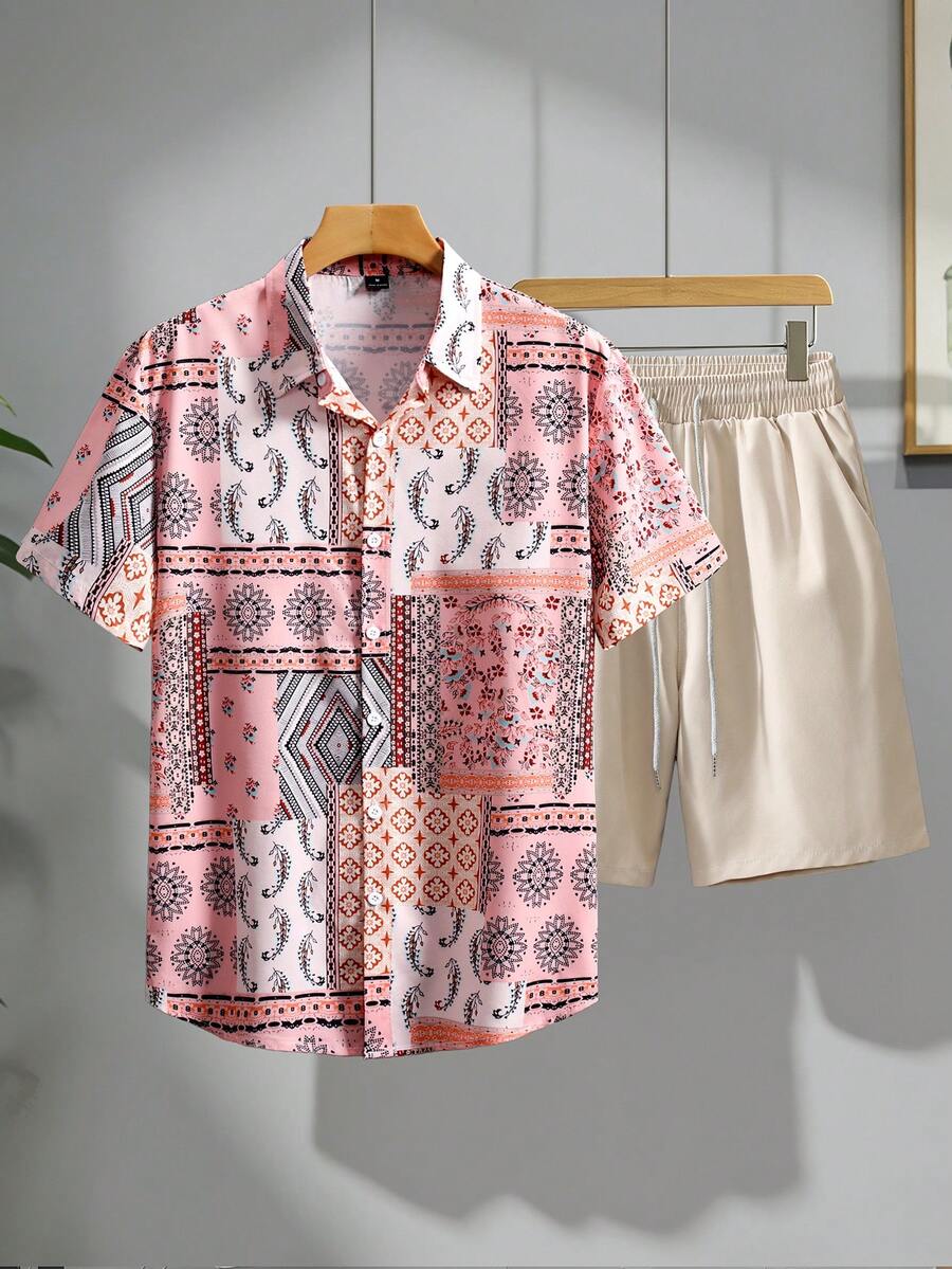 Genlund 2pcs/Set Camisa de manga corta con estampado integral y botones delanteros para hombre y pantalones cortos de unicolor, vacaciones - Multicolor - Ver 1