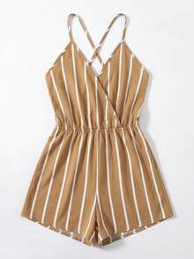 SHEIN VCAY جمبسوت صيفية كاجوال مخططة للنساء - كاكي - مشاهدة 3