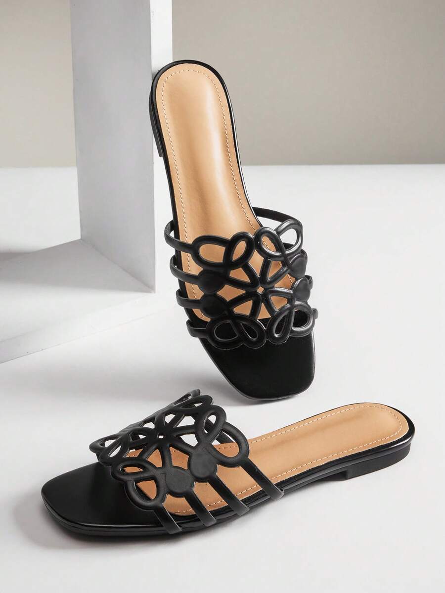 SHUZIA Women's Elegant Floral Cut-Out Slip-On Flat Sandals Summer Shoes - Black - View 1
