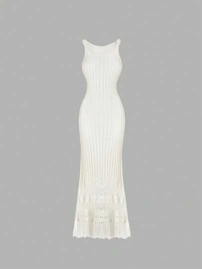 SHEIN PETITE Đầm len không tay dáng petite phối họa tiết, xẻ tà, dành cho người nhỏ nhắn, thích hợp cho mùa thu đông.
