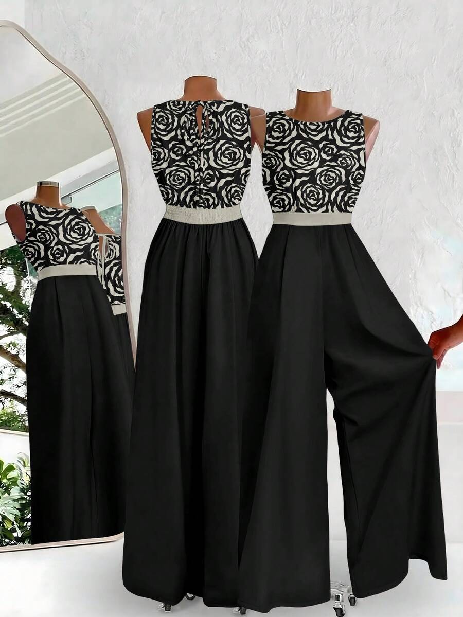 SHEIN Clasi Bộ áo liền quần không tay phối màu trơn in họa tiết dành cho nữ - Nhiều màu - Xem 1