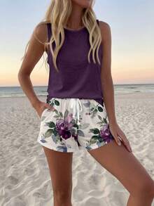 SHEIN LUNE Bộ đồ nữ gồm áo tank top cổ tròn và quần short, thích hợp cho mùa hè. - Nhiều màu - Xem 4