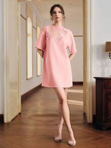 Anewsta Solid Color Loose Lace Patchwork Short Sleeve Straight Dress For Women - Pink - View 5