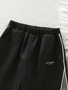 SHEIN 儿童/男童直筒侧撞色运动裤，适合秋冬季休闲、户外、上学穿着 - 黑色 - 查看 5