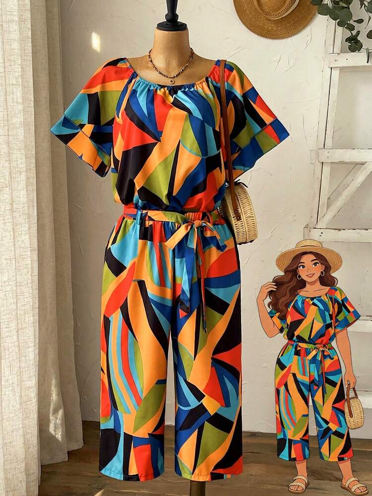 2pc Set Plus Size Women's Summer Casual Vacation Country Geometric Print Shirt And Pants 2 Pieces Set,Casual Holiday Style,Summer Outfits For Women ,Vacation Outfits Women ,Holiday Outfits For Women,Going Out Outfits, New Clothes,Simple And Fashionable For Everyday Wear,Suitable For Summer, Vacation, Daily Wear, Festival Outfits For Women,Country Concert Outfit,Beach Outfits For Women,Western Style,,Gifts For Mother,Boho Set,Modest Two Piece Set, Plus Size Summer Sets,Plus Size Pants Set,Boho Set,Boho Pants Set For Women,Wide Leg Pants Set,2 Piece Casual Sets Woman,Two Piece Set Women