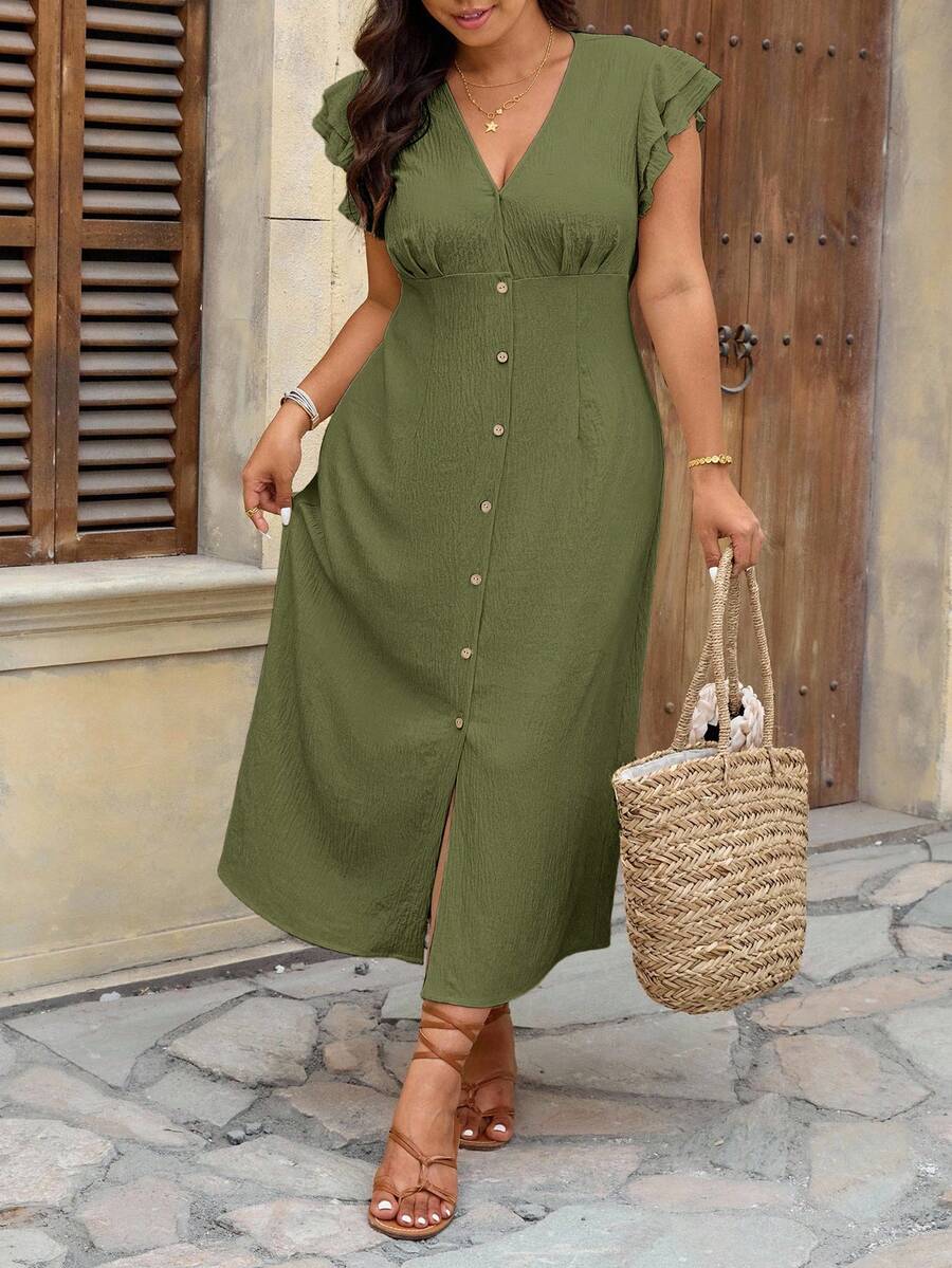 SHEIN Frenchy Đầm nghỉ mát cỡ lớn thanh lịch cổ chữ V tay ngắn xếp lớp - màu xanh lá - Xem 1