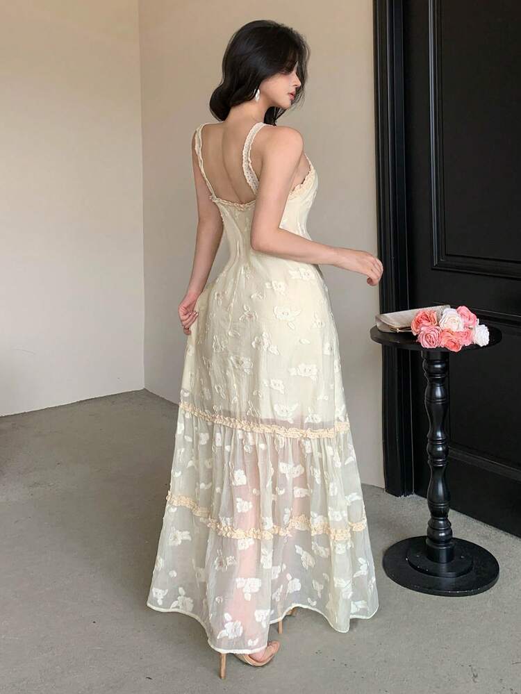 Women's Apricot Textured Fabric Dress With Halter Neck And Flared Skirt, Elegant Vacation Style For Spring And Summer