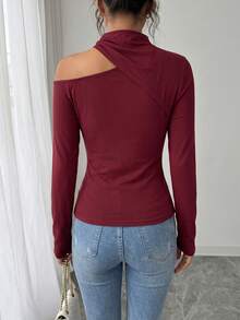 Modelyn Camiseta casual y elegante de mujer con cuello alto, manga larga, hombros oblicuos y cintura ceñida, en color rojo vino, para primavera/verano - Burdeos - Ver 2
