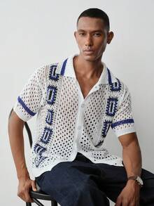 MENRIVO 男士前扣短袖镂空休闲针织上衣修身沙滩男士针织蕾丝衬衫 - 彩色 - 查看 6