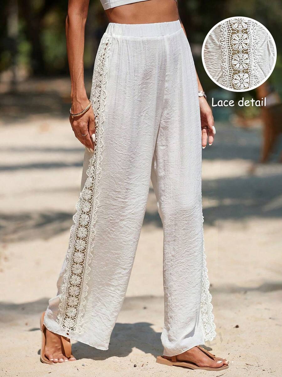 Swim Chiccia Women's Summer Beach Solid Color Elastic Waist Side Lace Hollow Floral Trim Coverup & Straight Leg Casual Pants - White - View 1