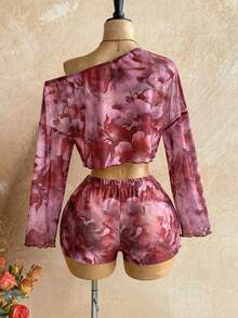 Soleia 2pcs Women Casual All-Over Print Asymmetric Collar Long Sleeve Top And Shorts Set - Multicolor - View 2