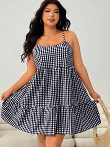 Solflare Navy Plaid Plus Size Women Sleeveless Dress - Navy Blue - View 3