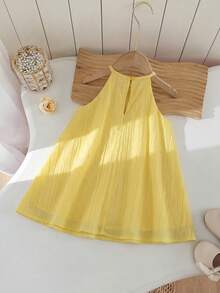 SHEIN 女婴优雅可爱黄色3D立体花朵吊带夏季连衣裙 - 黃色 - 查看 3
