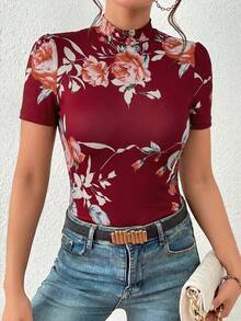 SHEIN Privé Áo thun nữ tay ngắn cổ tàu in hoa, dáng ôm - Màu Đỏ Sâu - Xem 3