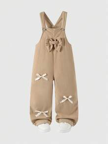 Elladie kids 女童可爱风连体裤，春秋/秋冬款，大蝴蝶结设计，卡其色，宽松直筒裤型，灯芯绒面料，柔软舒适，适合上学、通勤、日常穿着。 - 卡其色 - 查看 4
