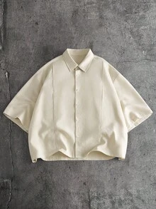 AXEPEAK Men's Solid Color Short Sleeve Single-Breasted Shirt And Pants Casual Suit - Beige - View 3