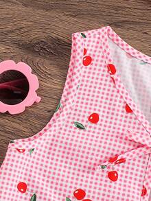 Emery Rose Kids Emery Rose Kids 2件套 女童粉色格子樱桃印花无袖上衣和短裤 两件套夏季套装 女童套装 樱桃图案女童服装套装 儿童套装 2件套夏季套装 夏季柔软舒适上衣和裙子 - 粉色 - 查看 5